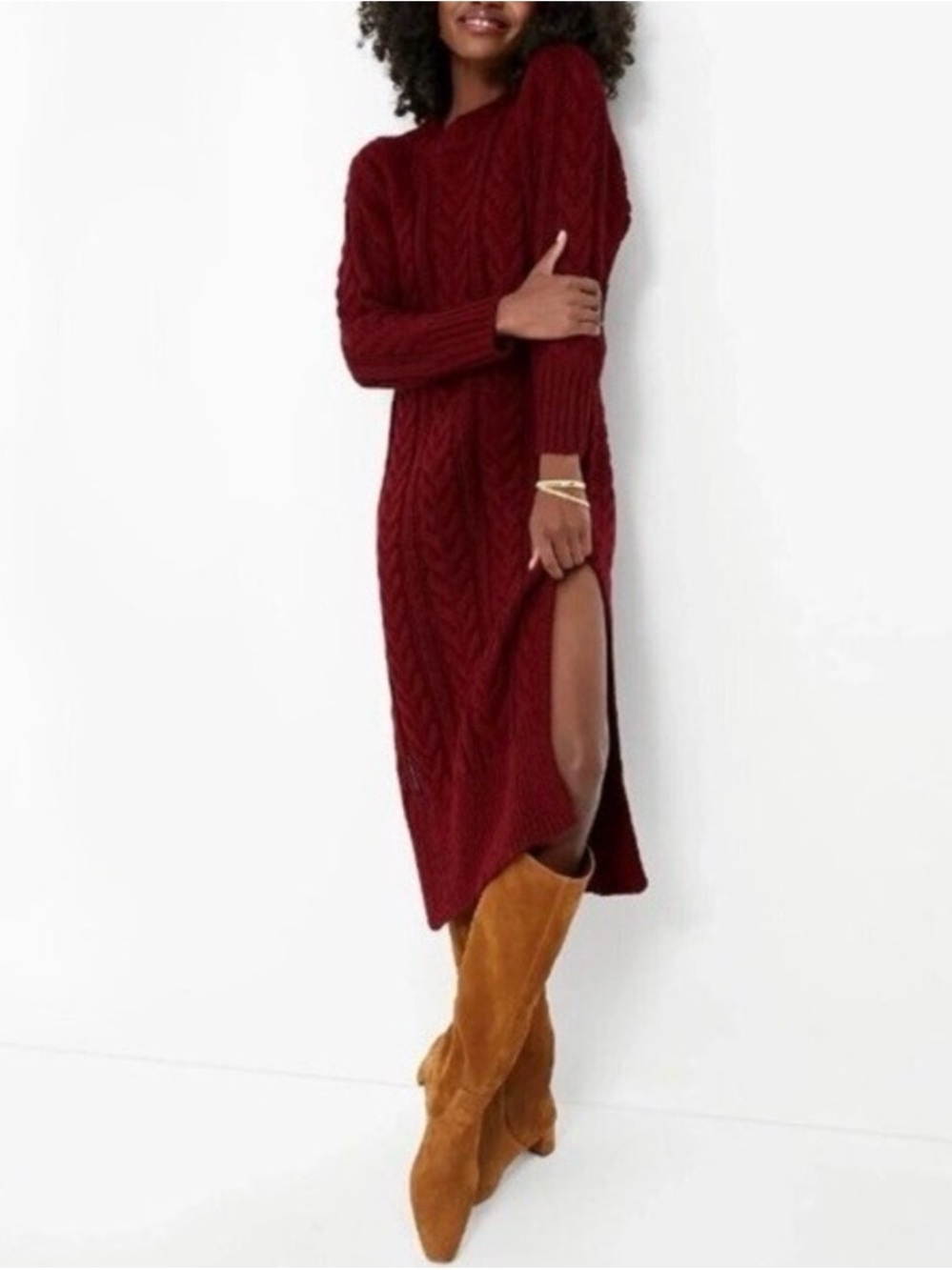 Tuckernuck x Hyacinth House | Maddox Midi Sweater Dress S Maroon Cable Knit